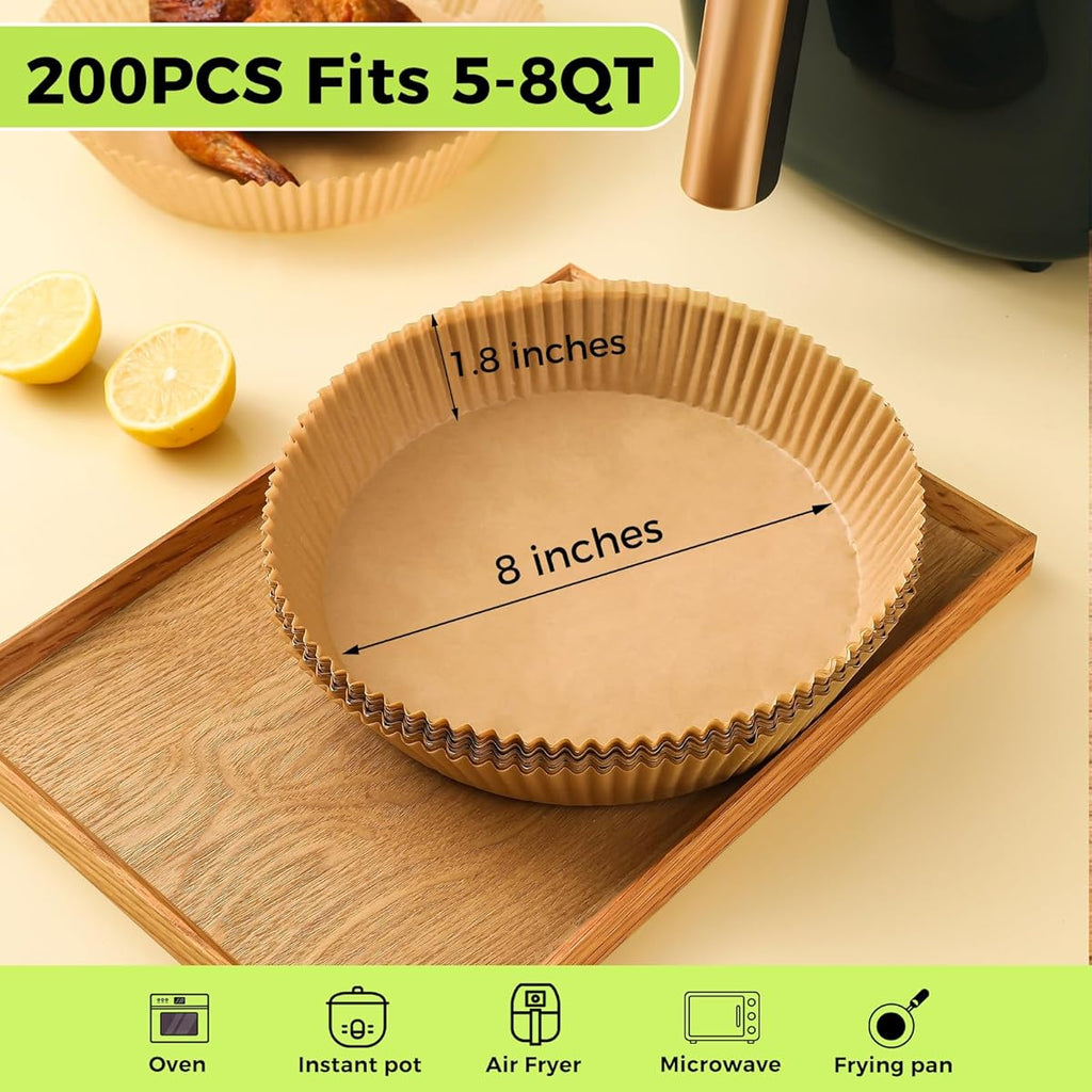 Ctizne Air Fryer Paper Liners Disposable, 200pcs 8inch Airfryer Oven Insert Parchment Paper Sheets Round, Non Stick Food Grade Baking Liner for 5Qt/6Qt/7Qt/8Qt Air Fryer Basket, Air Fryer Liners Non Stick, Special Paper for Airfryer, Air Fryer Butter