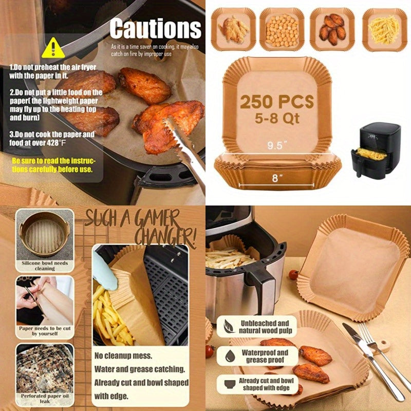 Disposable Paper Liner Square 250pcs for 5 to 8 Qt Air Fryer Baskets Nonstick Oilproof Parchment Liner Cooking Paper, Disposable Air Fryer Paper Liners, Air Fryer Mat, Rectangle Air Fryer Liners, Air Fryer Accessoires, Air Fryer Paper Round, Food Prep