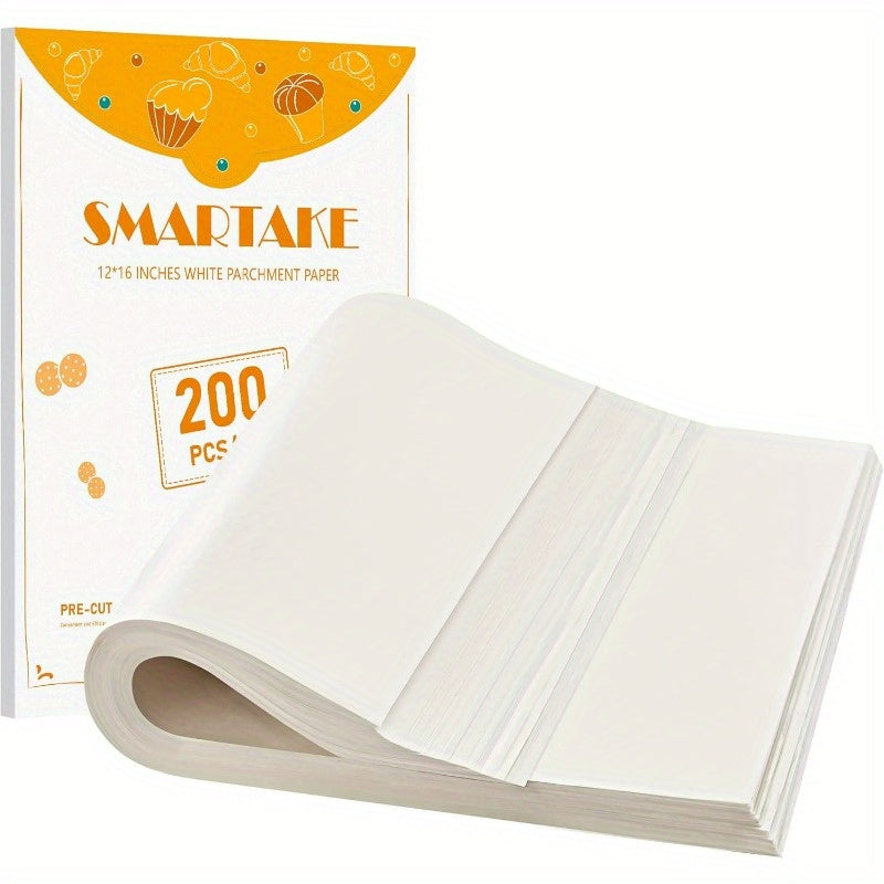 200 Sheets Non-Stick Parchment Paper Baking Sheets - Precut 12x16 Inch Large White Baking Paper with Rounded Edges, Individually Wrapped for Oven, Air Fryer, Grilling, Steaming - 450°F Safe, High Quality & Disposable, Natural Wood Pulp, Pre-Cut for Easy