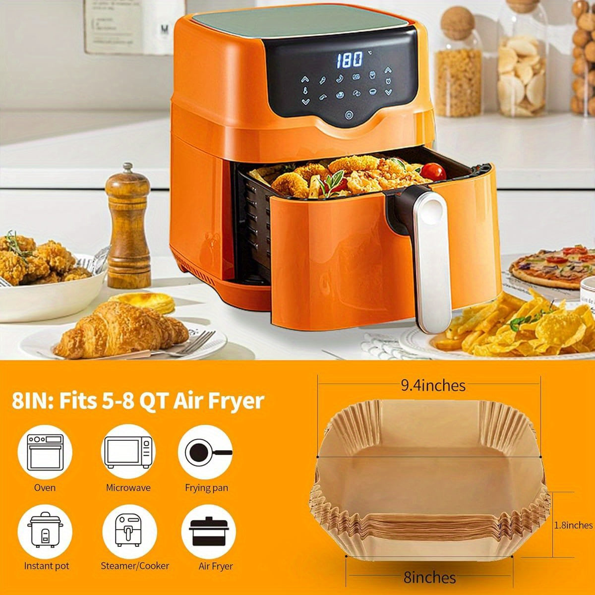 ReLuien 200pcs Air Fryer Liners, 8. 7" Square Parchment Disposable Paper Liner for Air Fryer, Baking, Roasting and Microwave, Non- Stick liner Accessories, Air Fryer Liners Non Stick, Special Paper for Airfryer, Air Fryer Butter Paper, Microwave Safe