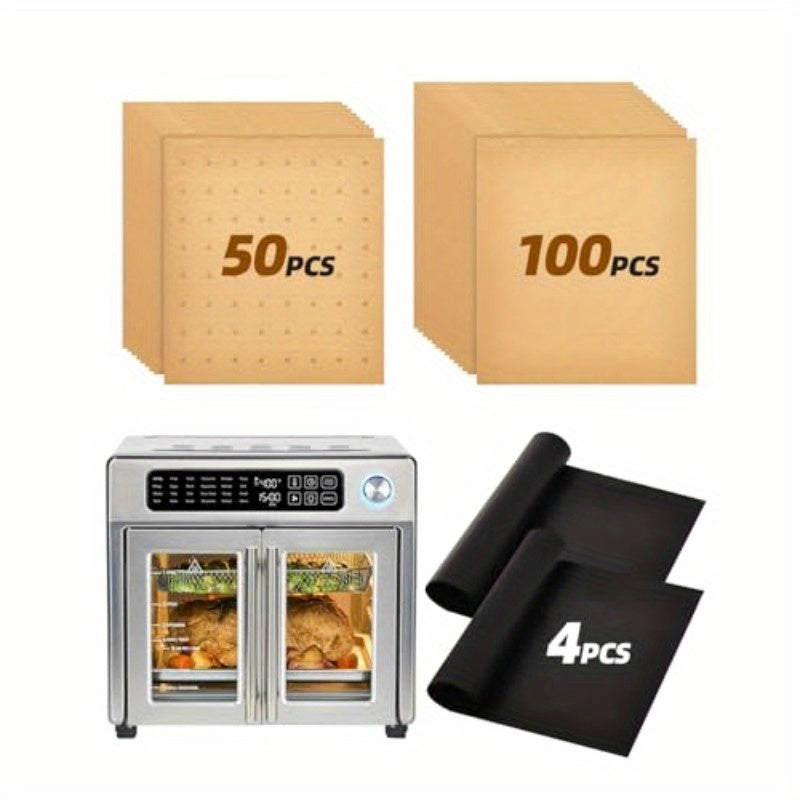154pcs Paper Liners Compatible with Emeril Lagasse 26QT Extra Large Air Fryer Toaster Oven Accessories100pcs Unbleached Parchment Paper 50pcs Disposable Liners with Holes 4pcs Reusable Baking Mats, Kitchen Essentials, Cooking Accessories, Nonstick Liners,