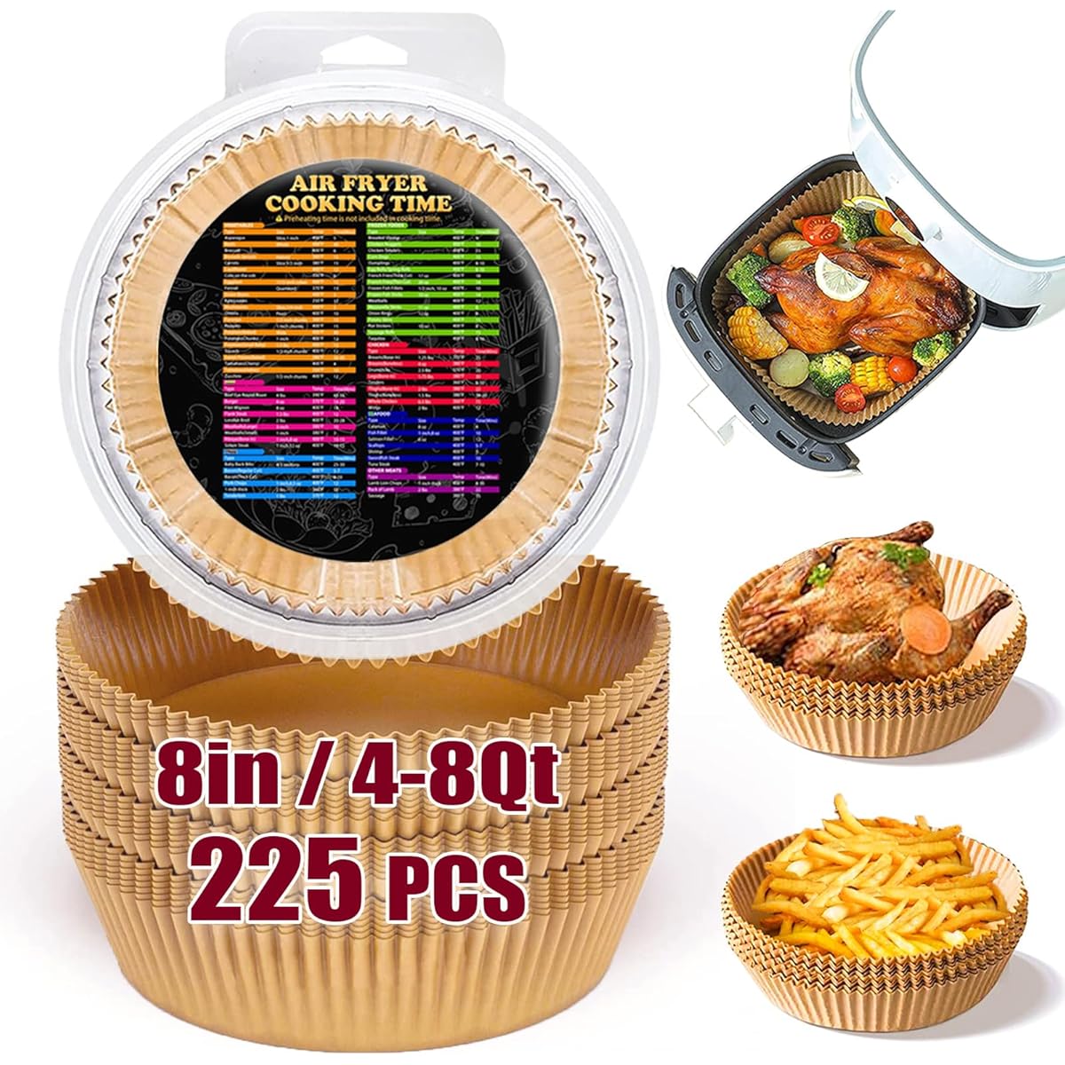 225pcs Air Fryer Parchment Paper Liners Non-Stick & Oil-Resistant, 8 Inch Round Disposable Baking Sheets with Silicone Coating for Ninja AF101/AF150AMZ XL/Max XL & 4-8QT Air Fryers, Microwave, Oven, BBQ - Easy Cleanup, Healthy Cooking, Value Pack,