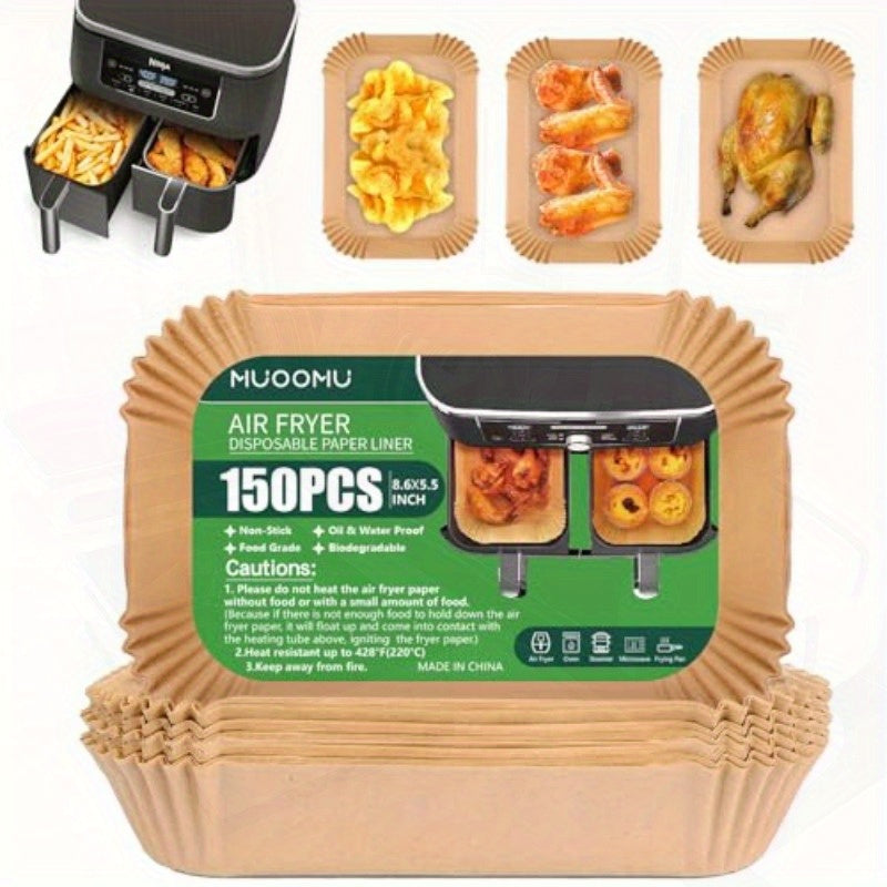 150pcs Ninja Dual Air Fryer Liners - Non-Stick, Oil Proof, Waterproof Parchment Paper Sheets (8.6x5.5 Inches) - Compatible with Ninja Foodi, 2-Basket Air Fryers, Microwave, Oven, BBQ - Cut-to-Fit Design for Easy Cooking, Reduced Cleanup - Ideal for Home,