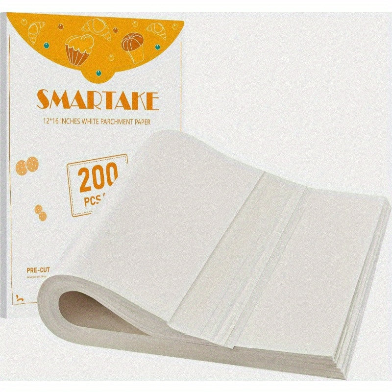 200 Sheets Non-Stick Parchment Paper Baking Sheets - Precut 12x16 Inch Large White Baking Paper with Rounded Edges, Individually Wrapped for Oven, Air Fryer, Grilling, Steaming - 450°F Safe, High Quality & Disposable, Natural Wood Pulp, Pre-Cut for Easy