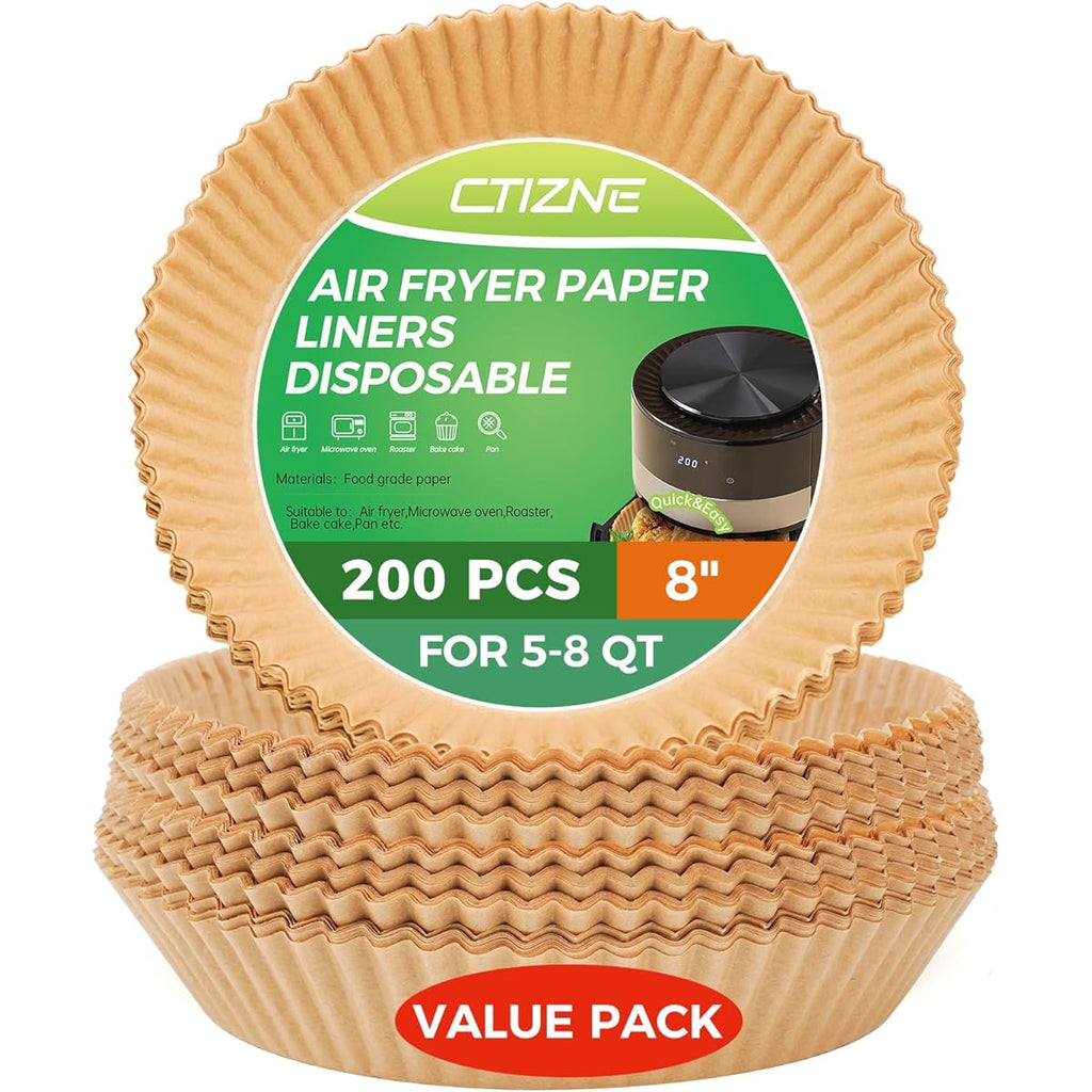 Ctizne Air Fryer Paper Liners Disposable, 200pcs 8inch Airfryer Oven Insert Parchment Paper Sheets Round, Non Stick Food Grade Baking Liner for 5Qt/6Qt/7Qt/8Qt Air Fryer Basket, Air Fryer Liners Non Stick, Special Paper for Airfryer, Air Fryer Butter