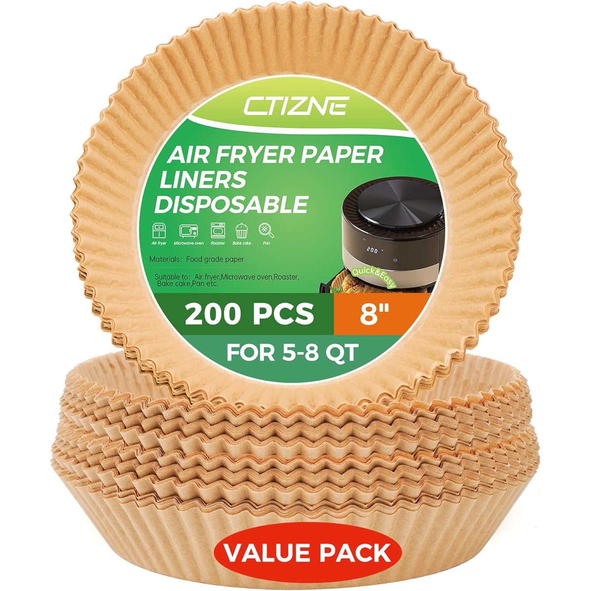 Ctizne Air Fryer Paper Liners Disposable, 200pcs 8inch Airfryer Oven Insert Parchment Paper Sheets Round, Non Stick Food Grade Baking Liner for 5Qt/6Qt/7Qt/8Qt Air Fryer Basket, Air Fryer Liners Non Stick, Special Paper for Airfryer, Air Fryer Butter