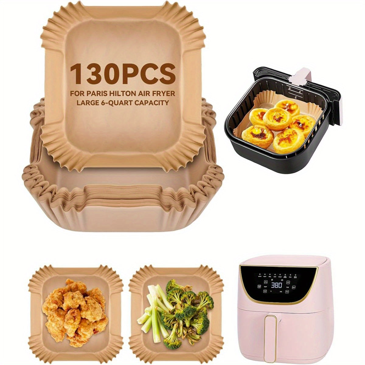 130pcs Air Fryer Paper Liners for Paris Hilton Air Fryer 6- Quart, 8- Inches Nonstick Disposable Parchment Paper Baking Inserts, Food Grade Air Frier Accessories, Free of Bleach, Air Fryer Liners Non Stick, Paper Air Fryer, Air Fryer Liners Rectangular,