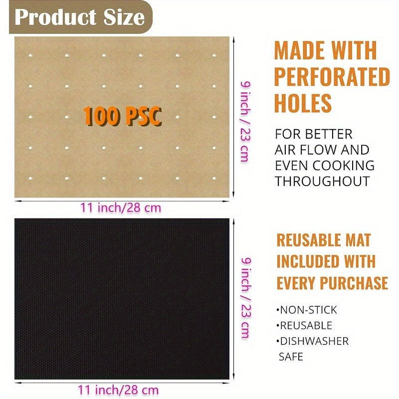 100pcs Unbleached Air Fryer Parchment Paper Liners - 11x9 Inch Perforated Rectangular Disposable Baking Sheets for Cuisinart, Ninja, Breville, Gowise, Black+Decker Toaster Ovens - Non-Stick, Easy Cleanup, Even Heat Distribution, Kitchen & Restaurant Use,