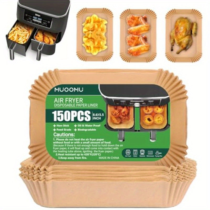 150pcs Ninja Dual Air Fryer Liners - Non-Stick, Oil Proof, Waterproof Parchment Paper Sheets (8.6x5.5 Inches) - Compatible with Ninja Foodi, 2-Basket Air Fryers, Microwave, Oven, BBQ - Cut-to-Fit Design for Easy Cooking, Reduced Cleanup - Ideal for Home,