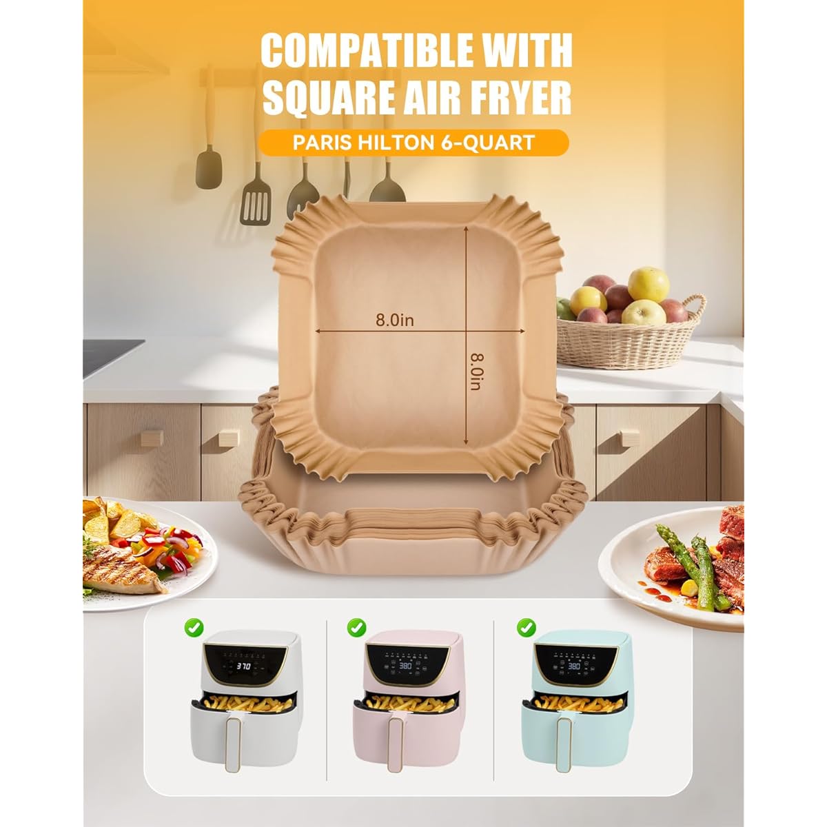 130pcs Nonstick Air Fryer Liners for Paris Hilton 6-Quart & 8-Inch Fryer - Food Grade Disposable Parchment Paper Baking Inserts, Bleach-Free, Easy Cleanup, Compatible with Square Air Fryer, Kitchen & Restaurant Use, Air Fryer Accessories, Kitchen