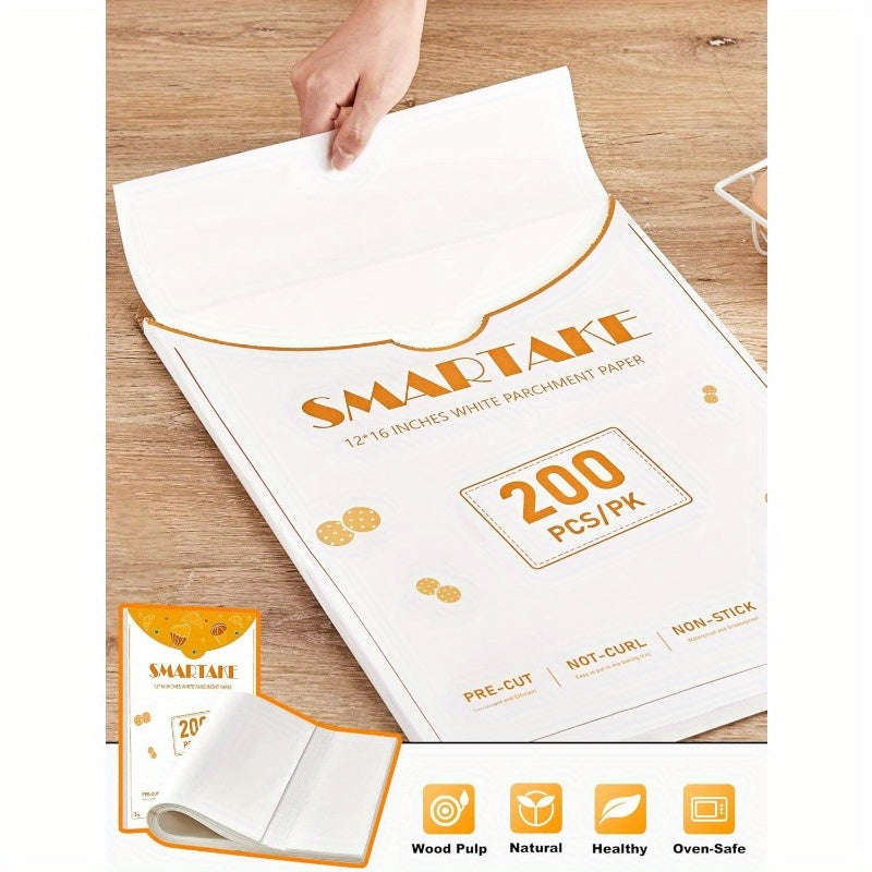 200 Sheets Non-Stick Parchment Paper Baking Sheets - Precut 12x16 Inch Large White Baking Paper with Rounded Edges, Individually Wrapped for Oven, Air Fryer, Grilling, Steaming - 450°F Safe, High Quality & Disposable, Natural Wood Pulp, Pre-Cut for Easy