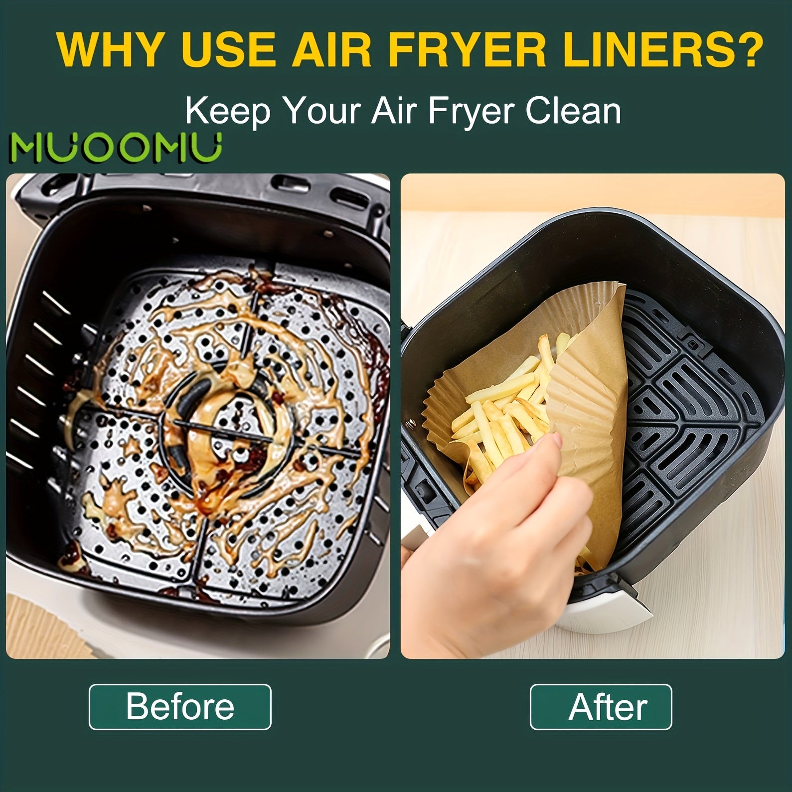 MUOOMU 50/100/150/200pcs Square Air Fryer Paper Disposable Baking Paper Household Kitchen Supplies,5.00mm Thickened, Water-Resistant, Perforated Parchment Liners for Healthy Cooking, Baking, and Frying