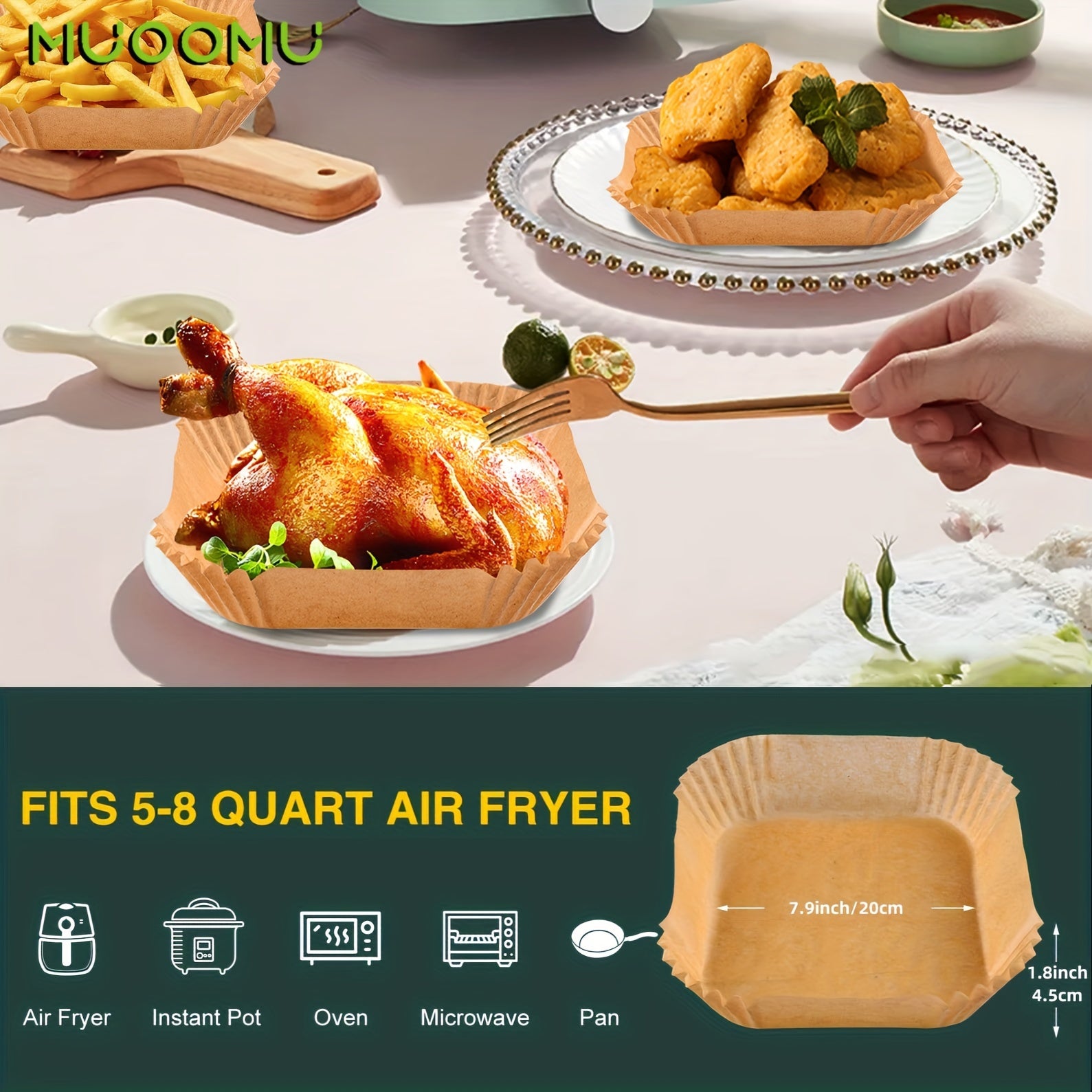 MUOOMU 50/100/150/200pcs Square Air Fryer Paper Disposable Baking Paper Household Kitchen Supplies,5.00mm Thickened, Water-Resistant, Perforated Parchment Liners for Healthy Cooking, Baking, and Frying