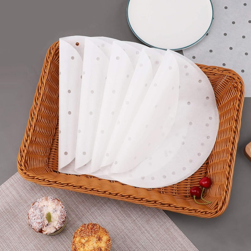 200pcs 11 Inch Disposable White Perforated Parchment Paper Sheets for Air Fryer & Steaming Basket - Non-Stick, Heat-Resistant, Easy Cleanup, Perfect for Baking, Roasting, and Steaming, Air Fryer Accessories, Baking Essentials, Perforated Design,