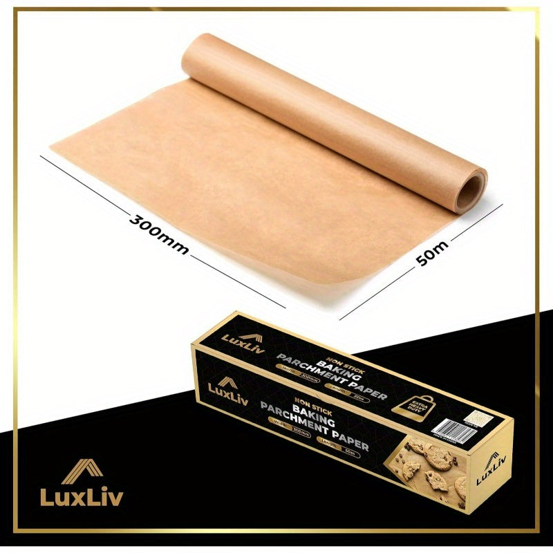 1 Roll Extra Long 164ft/50m - Heavy-Duty Thick Non-Stick Greaseproof Baking Paper - Beige to Brown Parchment Sheets for Oven, Sourdough, Pastries, - Compatible with Convection Ovens - Ideal for Home & Professional Kitchens - Unbleached, Wax Coated, 11.8