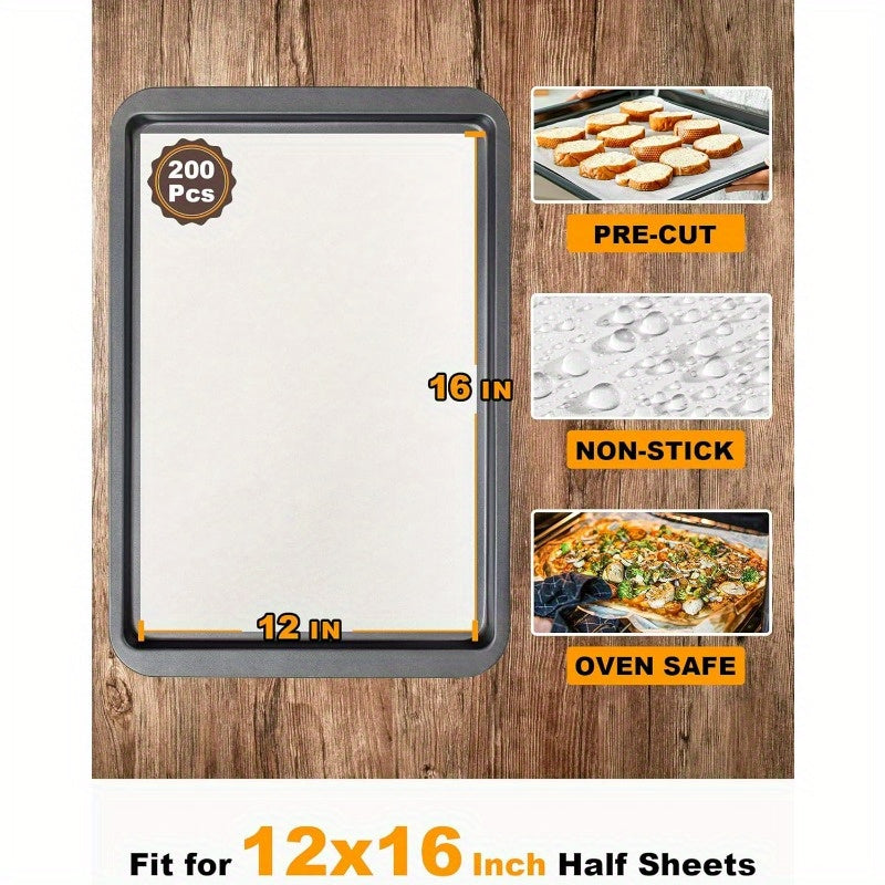 200 Sheets Non-Stick Parchment Paper Baking Sheets - Precut 12x16 Inch Large White Baking Paper with Rounded Edges, Individually Wrapped for Oven, Air Fryer, Grilling, Steaming - 450°F Safe, High Quality & Disposable, Natural Wood Pulp, Pre-Cut for Easy