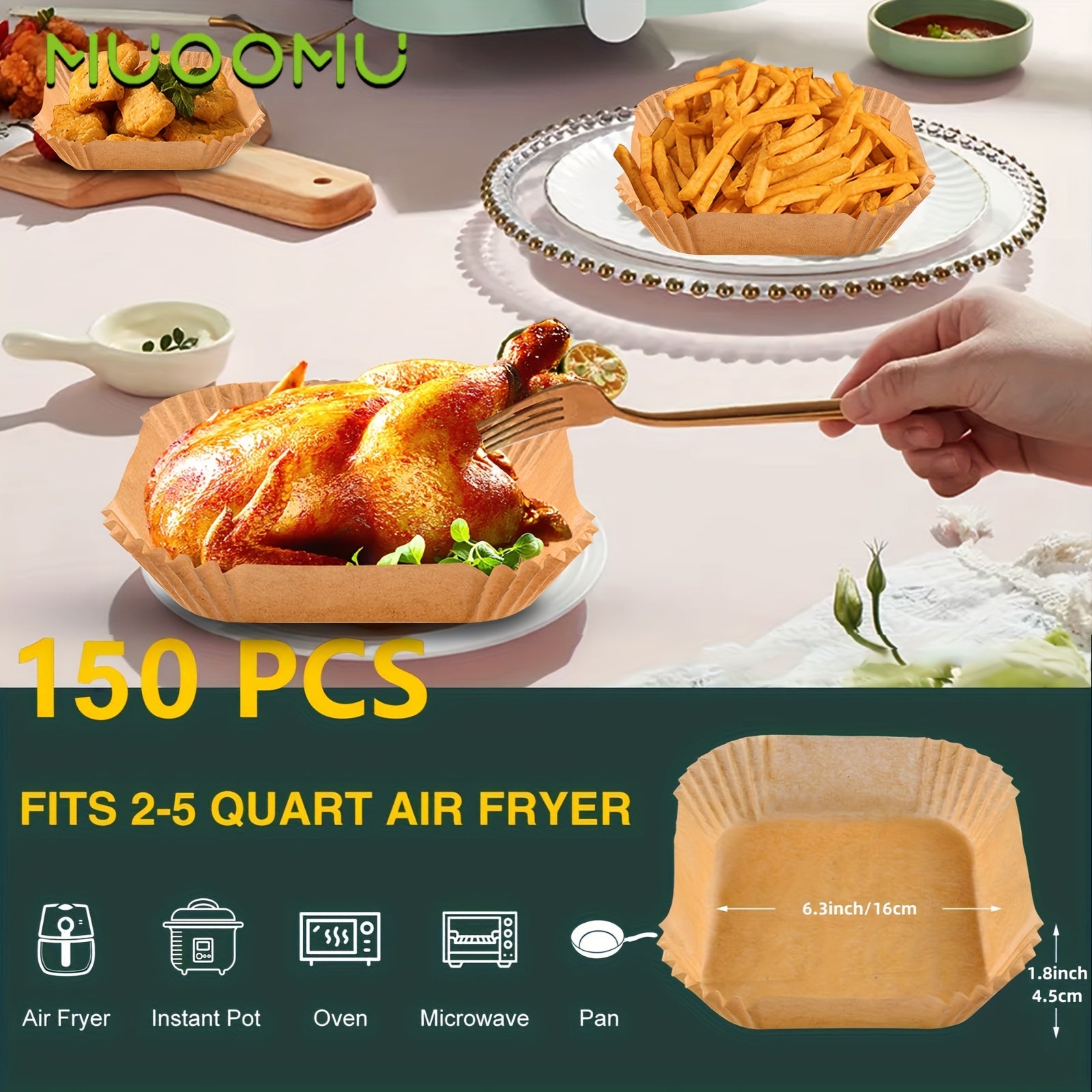 MUOOMU 50/100/150/200pcs Square Air Fryer Paper Disposable Baking Paper Household Kitchen Supplies,5.00mm Thickened, Water-Resistant, Perforated Parchment Liners for Healthy Cooking, Baking, and Frying