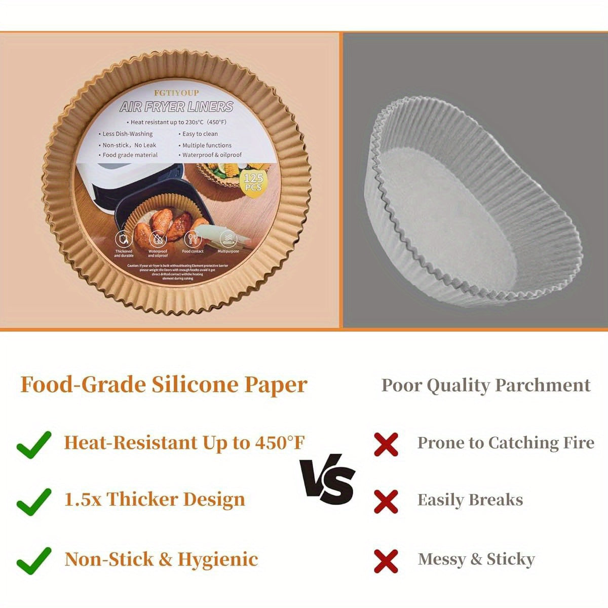 125pcs Heavy-Duty 7.9 Inch Round Air Fryer Liners Disposable - Thickened Silicone Oil Paper, 450°F Heat Resistant, Non-Stick & Hygienic Baking Sheets with Ruffled Edges for 5-8 Qt Air Fryers (Compatible with Oster, Black Friday Deals, Instant Pot & More)